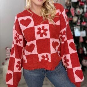 Cozy Heart and Flower Pattern Sweater - Red and Pink